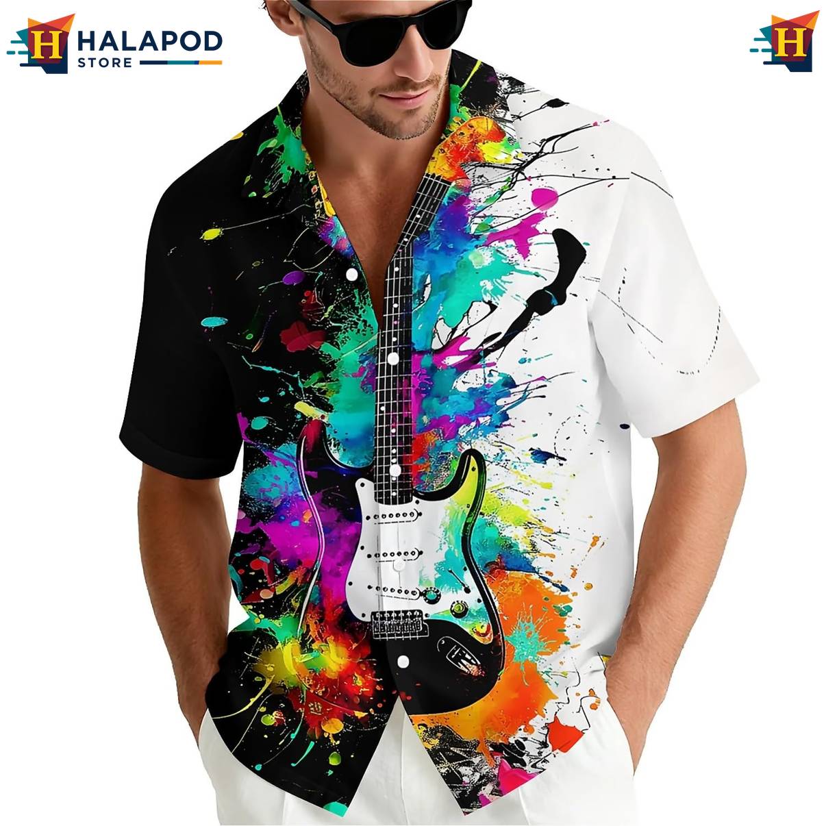 Neon Guitar Tropical Short-sleeve button-up shirt Mens Short Sleeve Floral Button Down
