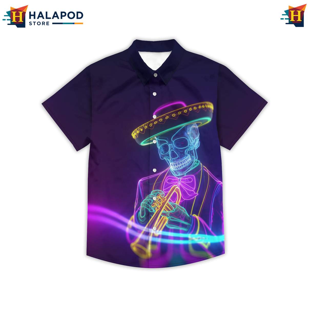 Neon Skull Mens Funny Short-sleeve button-up shirt Retro Graphic Aloha Summer Beach Tops