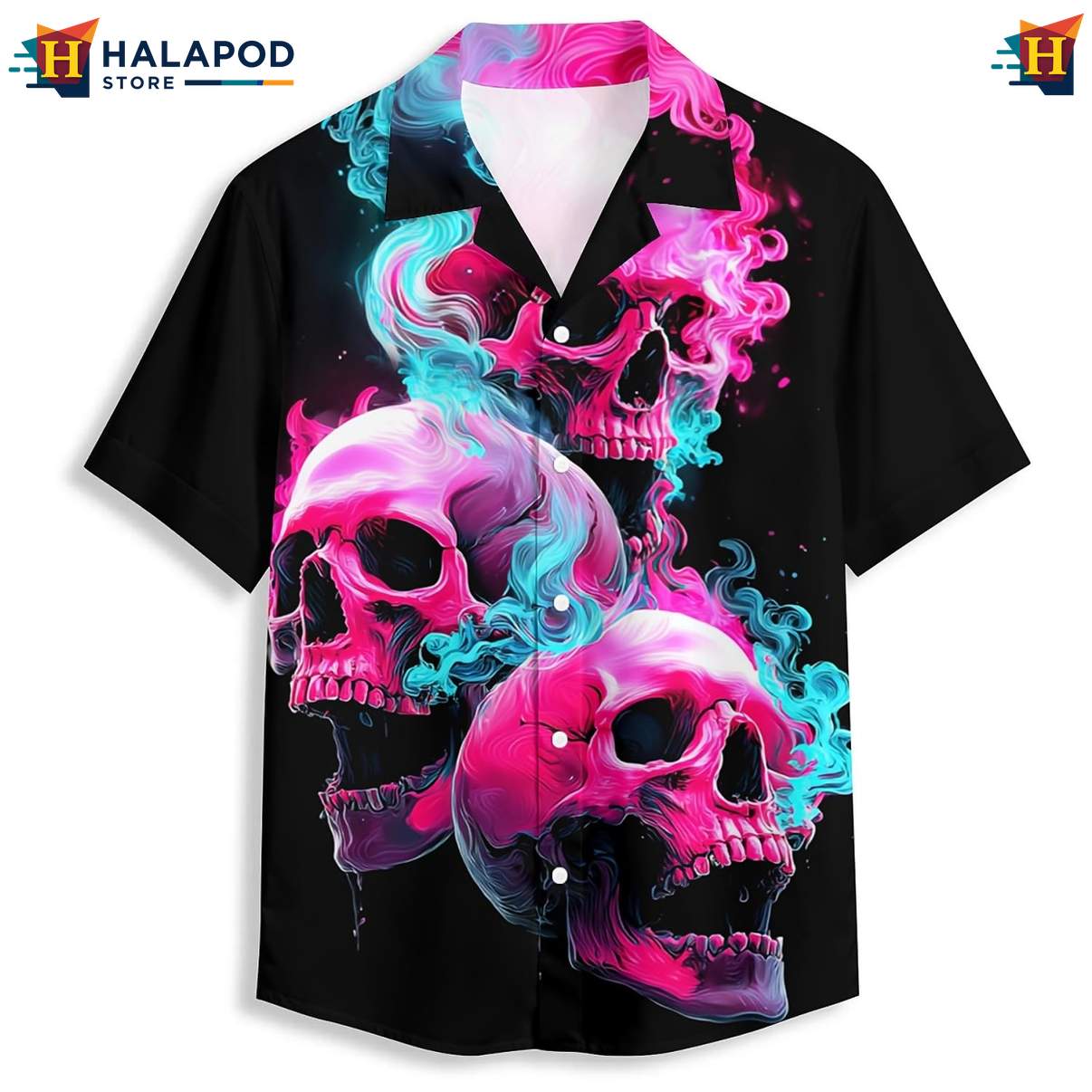Neon Smoke Skull Tropical Hawaiian Shirt Short Sleeve Floral Button Down