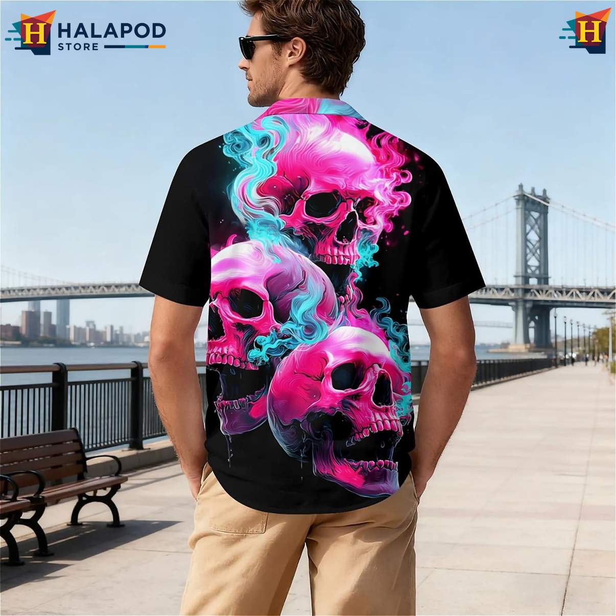 Neon Smoke Skull Tropical Tropical Shirt Short Sleeve Floral Button Down