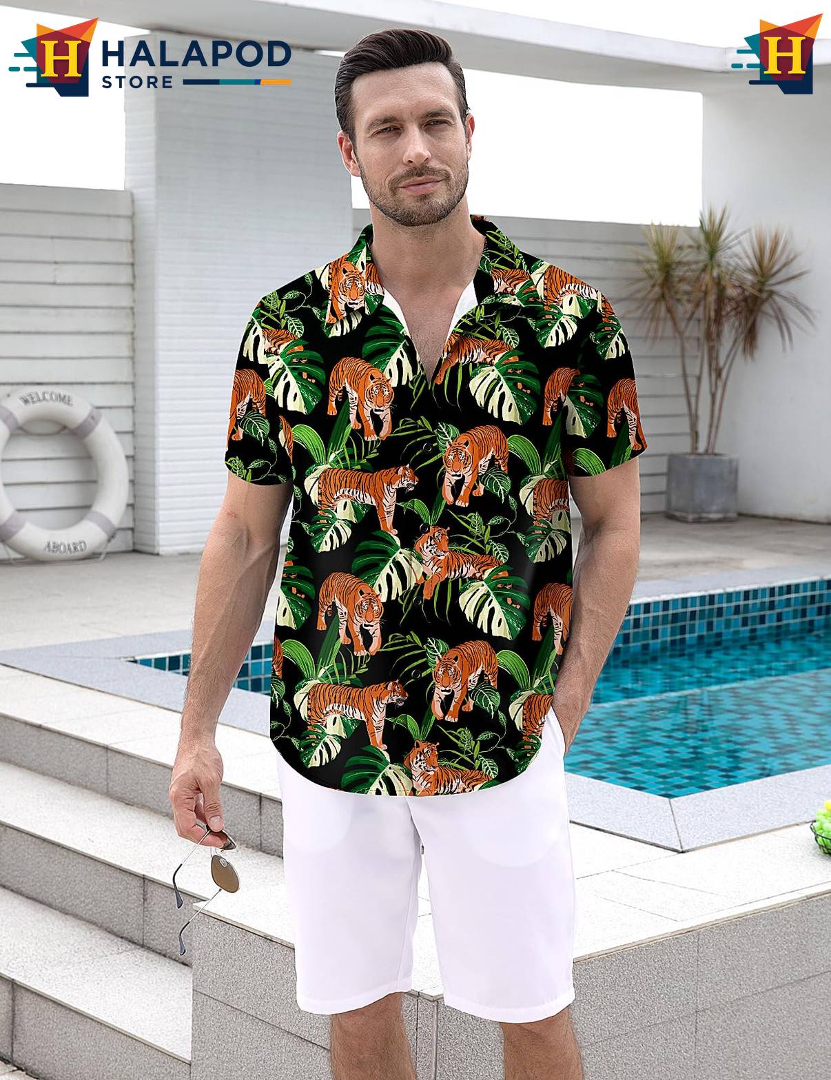 Palm Leaves Tiger Short-sleeve button-up shirt Mens Tropical Beach Button Down Clothing