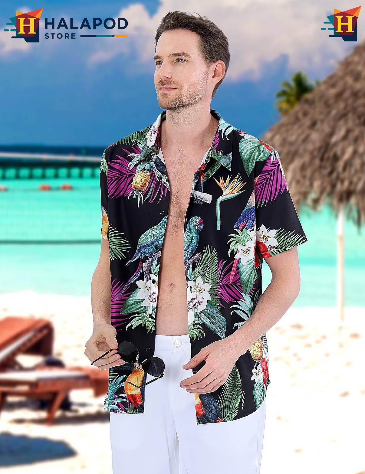 Parrot Black Short-sleeve button-up shirt Mens Tropical Beach Button Down Short Sleeve