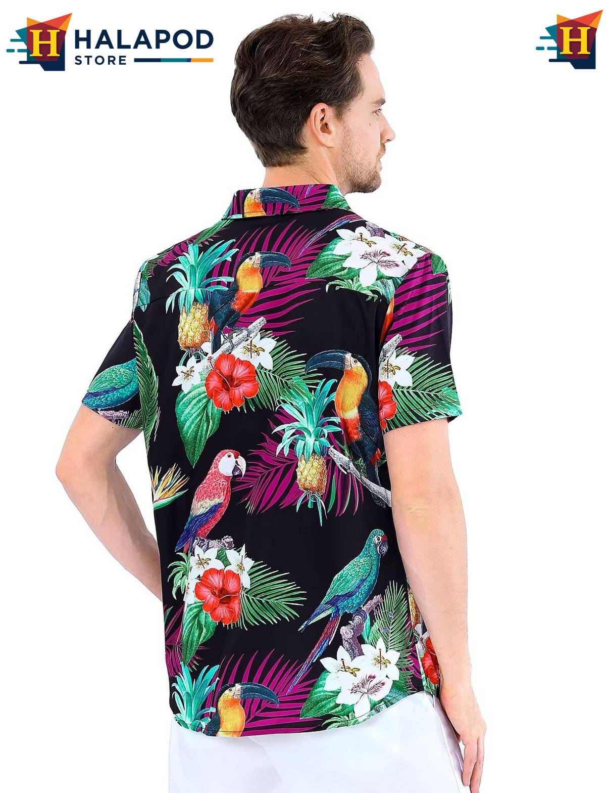 Parrot Black Aloha Shirt Mens Tropical Beach Button Down Short Sleeve