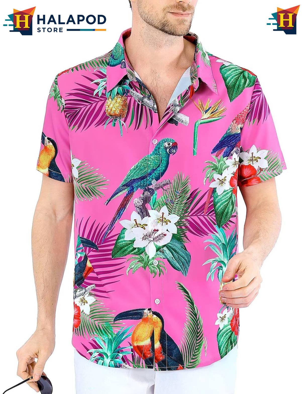 Parrot Pink Tropical Shirt Mens Tropical Beach Button Down Short Sleeve