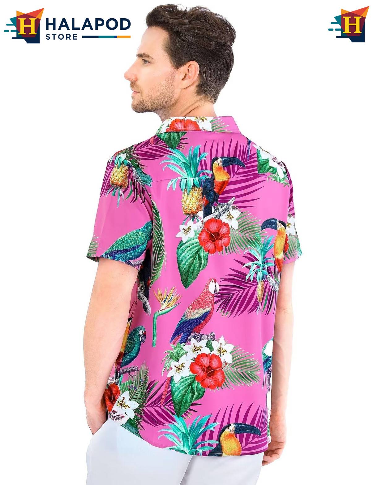 Parrot Pink Aloha Shirt Mens Tropical Beach Button Down Short Sleeve