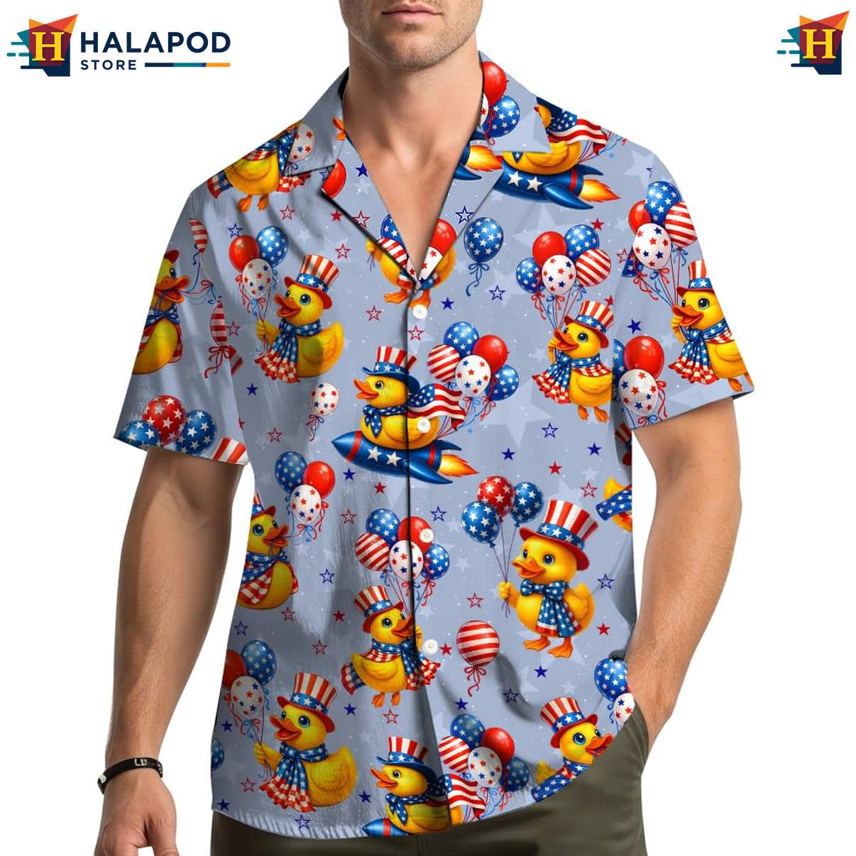 Patriotic Duck USA Flag Hawaiian Shirt 4th Of July Button Down Summer Tops