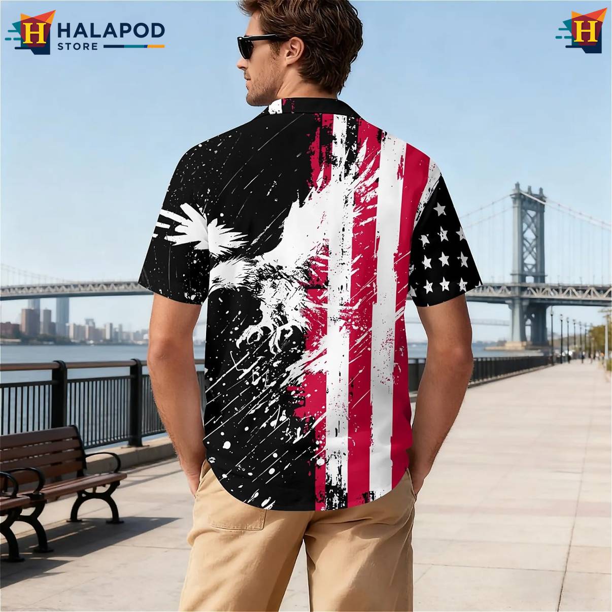 Patriotic Eagle Flag Print TShirt Mens Hawaiian Short Sleeve Floral Button