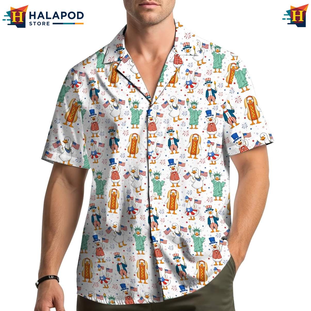 Patriotic Goose Aloha Shirt, Usa Flag Button Down Short Sleeve Shirt For Men, 4th Of July