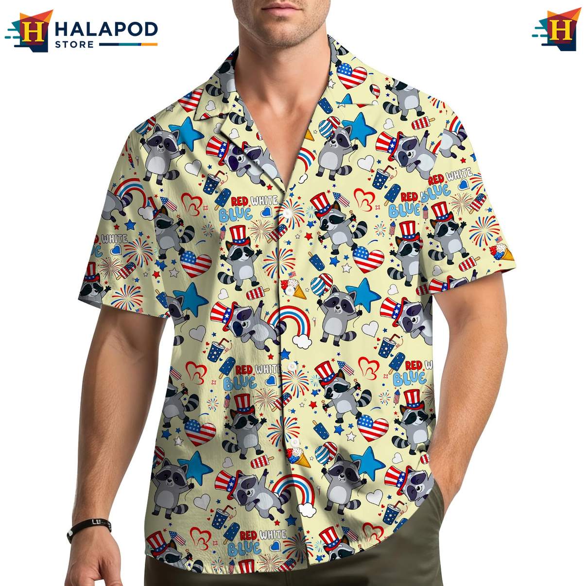 Patriotic Raccoon Hawaiian Shirt USA Flag 4th Of July Button Down Apparel