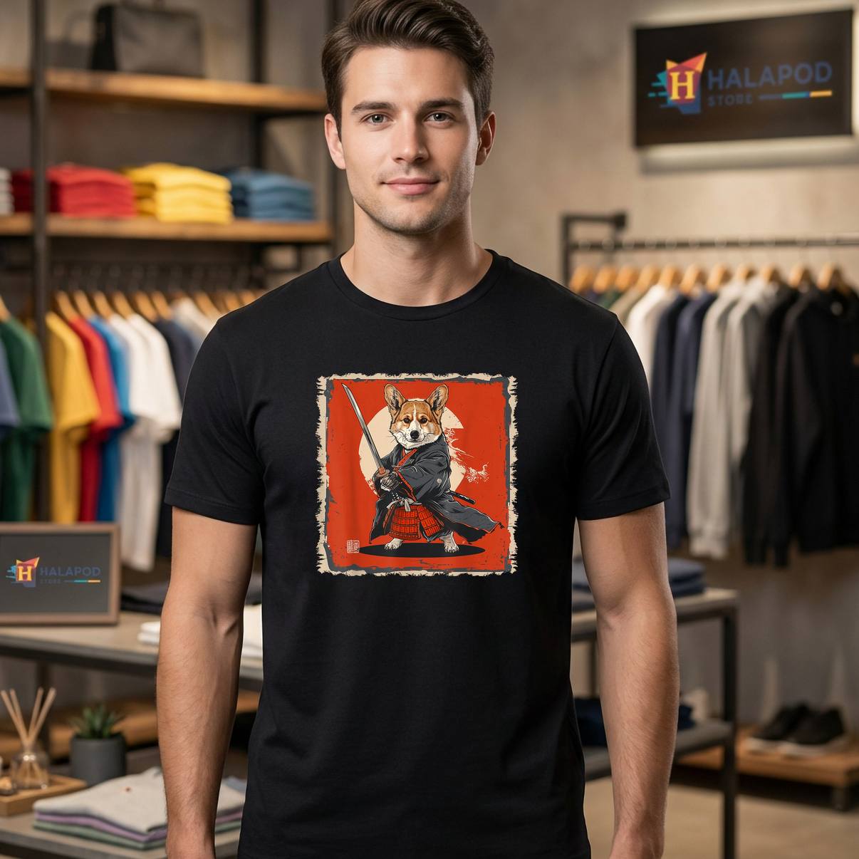 Pembroke Corgi Dog Samurai T-Shirt Japanese Art Ukiyo E Graphic Apparel Men