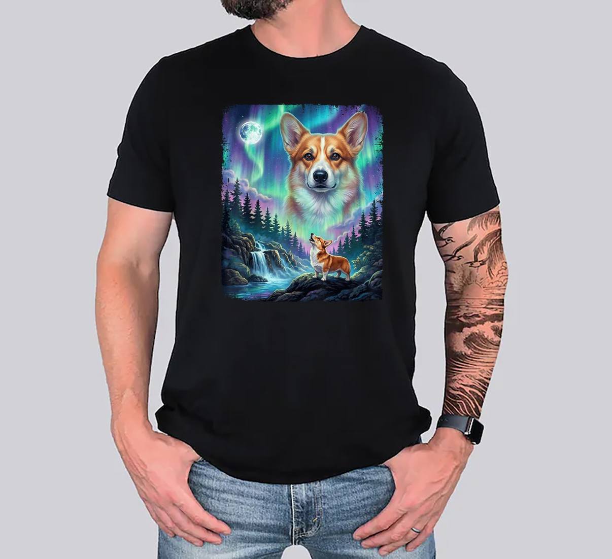 Pembroke Welsh Corgi Aurora T-Shirt Howling Dog Graphic Design Apparel Mens
