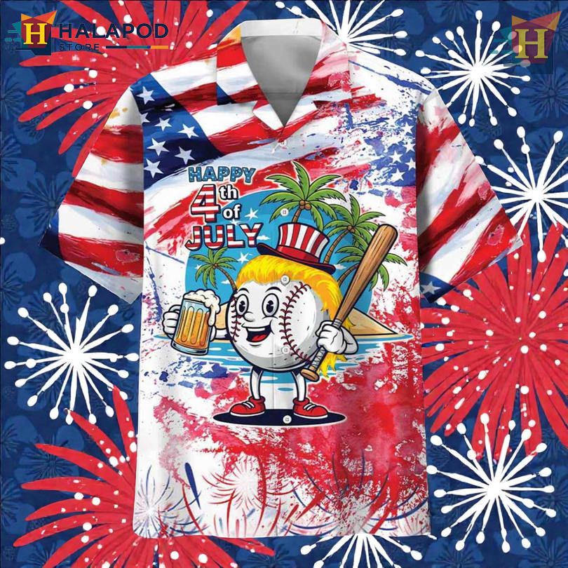 Personalized Hawaiian Shirt with Baseball Beer 4th of July Celebration Graphics