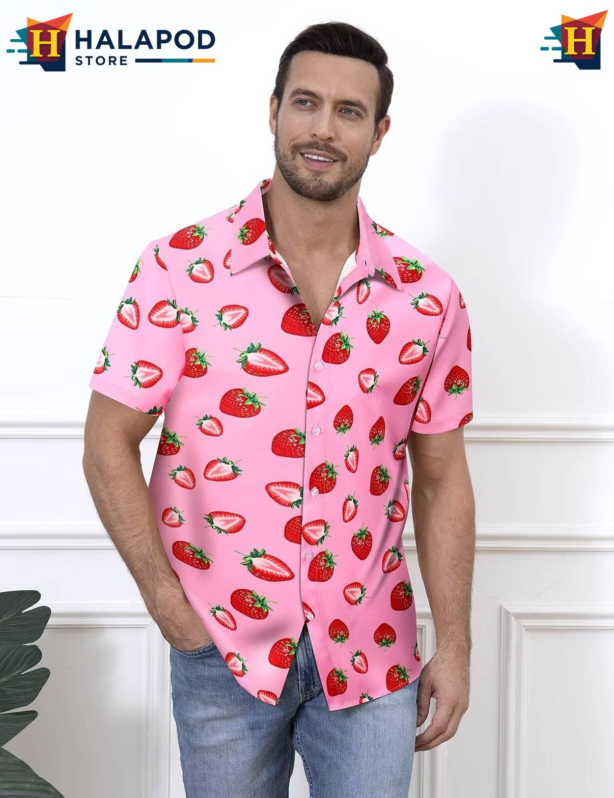 Pink Strawberry Tropical Shirt Mens Tropical Beach Button Down Short Sleeve