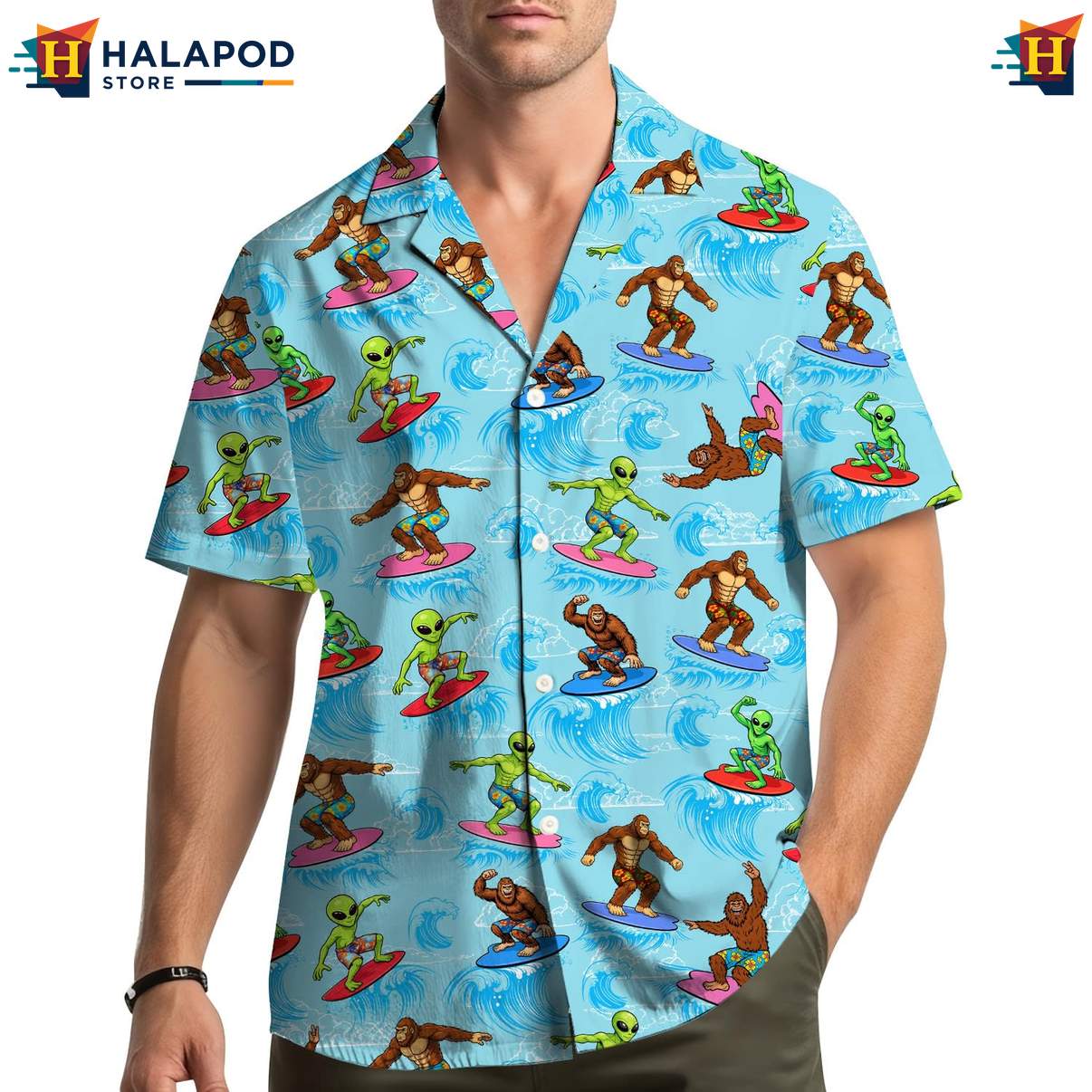Playful Alien Hawaiian Shirt, Bigfoot Surfing Design, Vibrant Summer Button Down