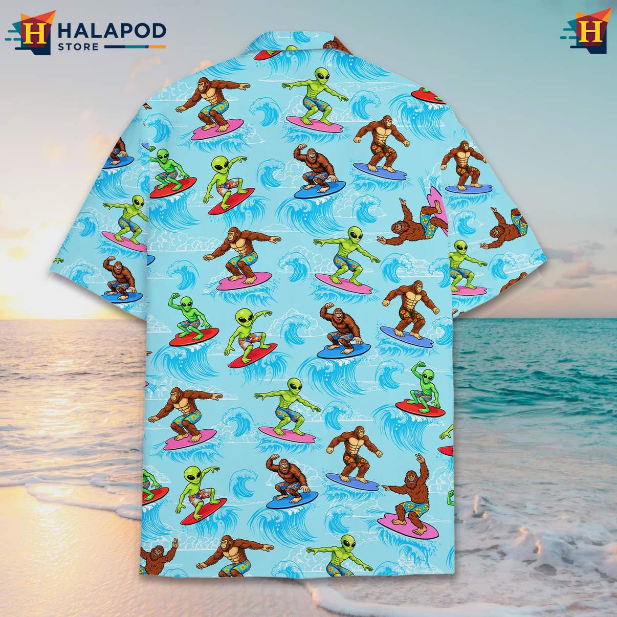 Playful Alien Tropical Shirt, Bigfoot Surfing Design, Vibrant Summer Button Down