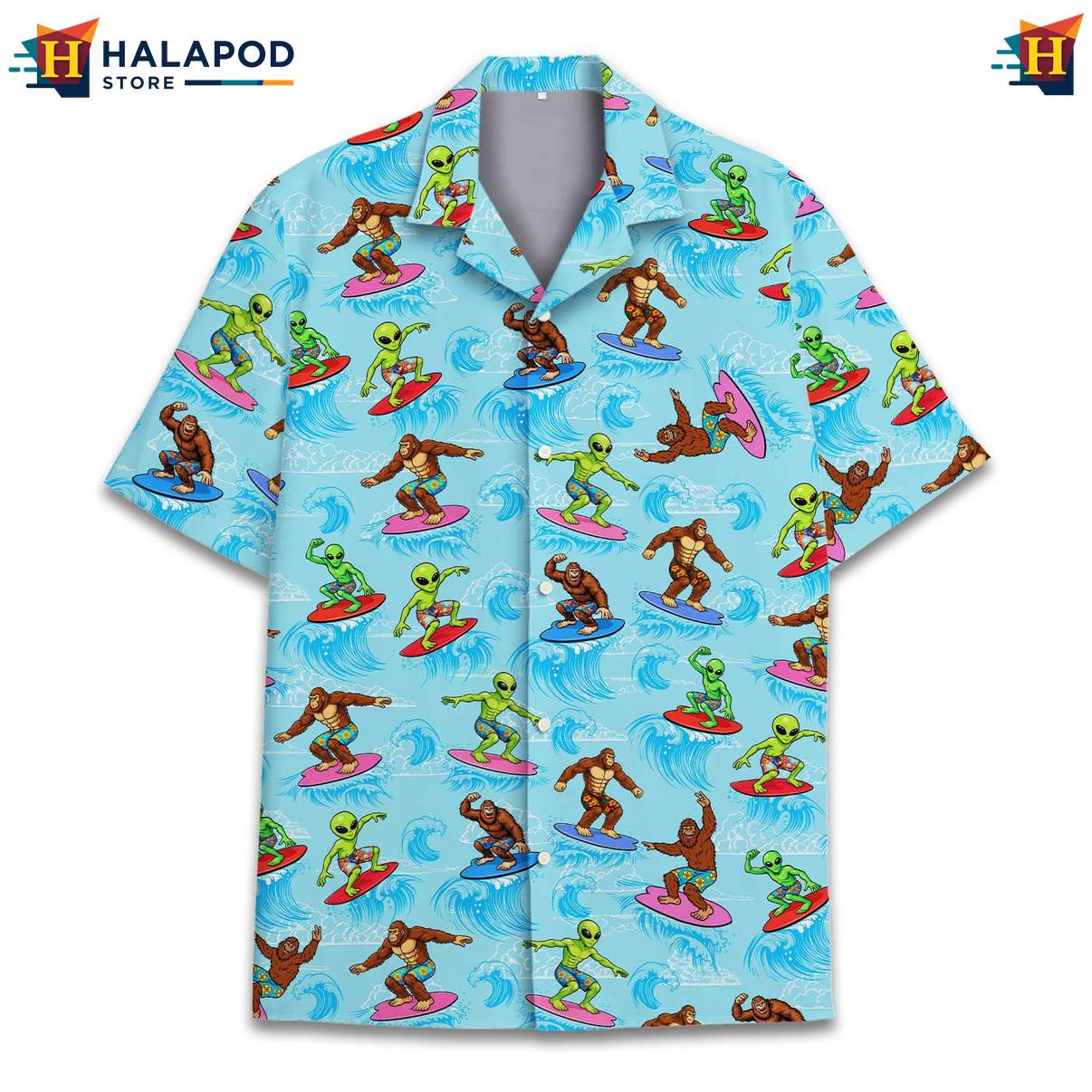 Playful Alien Short-sleeve button-up shirt, Bigfoot Surfing Design, Vibrant Summer Button Down