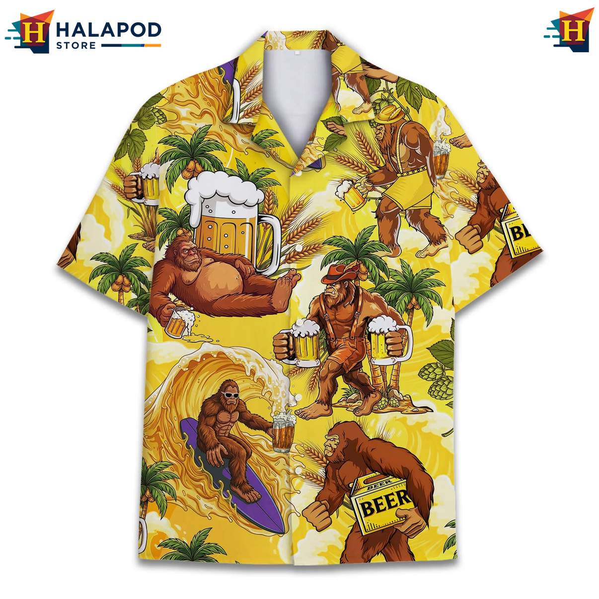 Playful Bigfoot Aloha TShirt, Yellow Beer Graphic Summer Button Down For Men