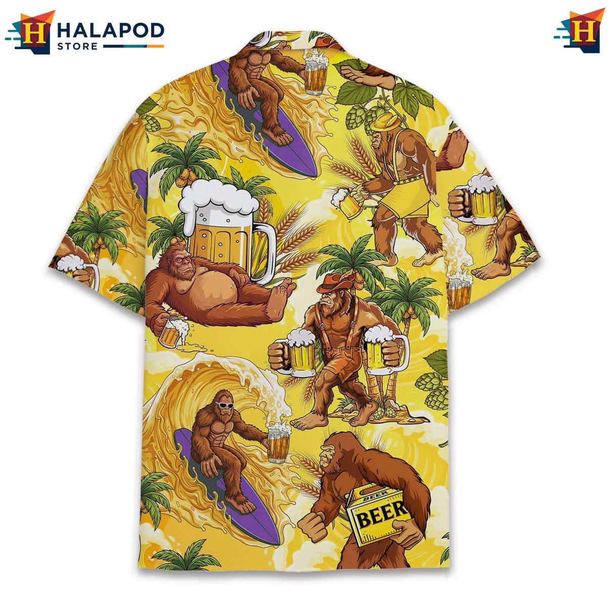 Playful Bigfoot Aloha Tee, Yellow Beer Graphic Summer Button Down For Men