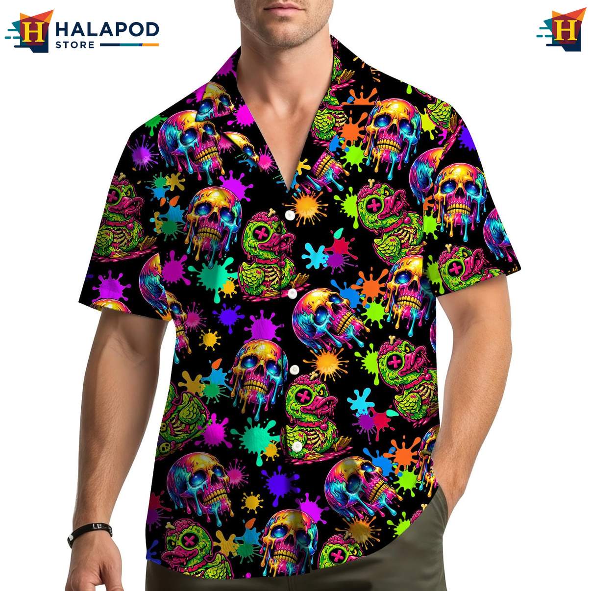 Playful Black Skulled Duck Aloha Shirt, Vibrant Summer Button Down For Beach Parties