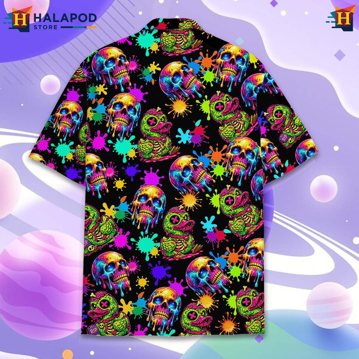Playful Black Skulled Duck Aloha T-Shirt, Vibrant Summer Button Down For Beach Parties