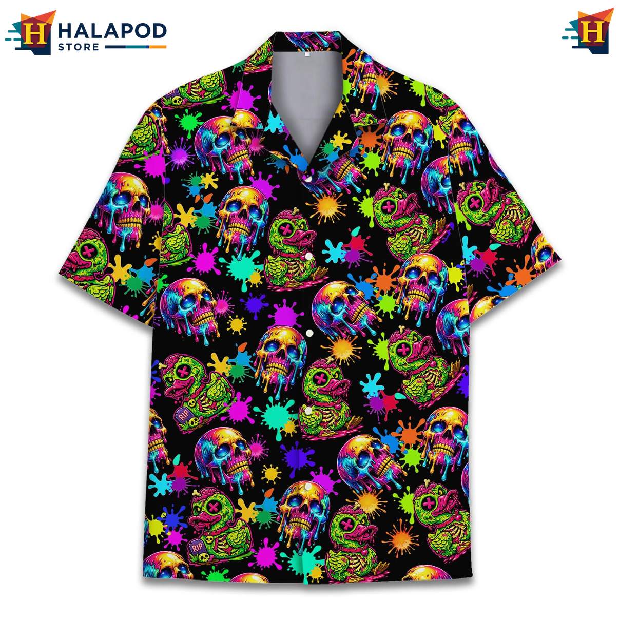 Playful Black Skulled Duck Aloha Tee, Vibrant Summer Button Down For Beach Parties