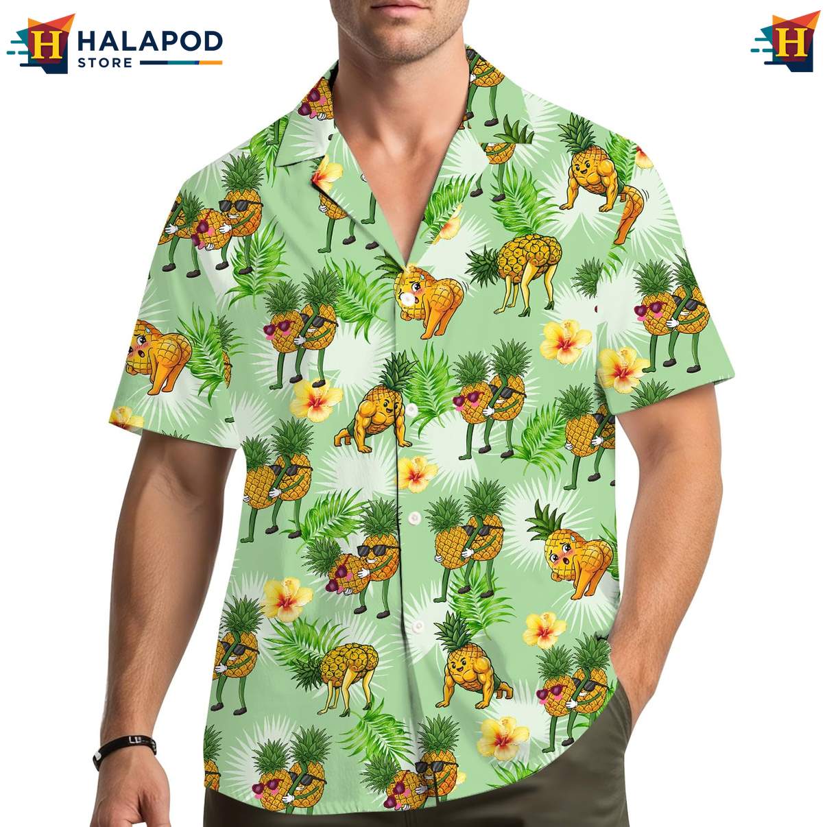 Playful Cat Aloha Shirt, Green Summer Shirt With Pineapples And Tropical Vibes