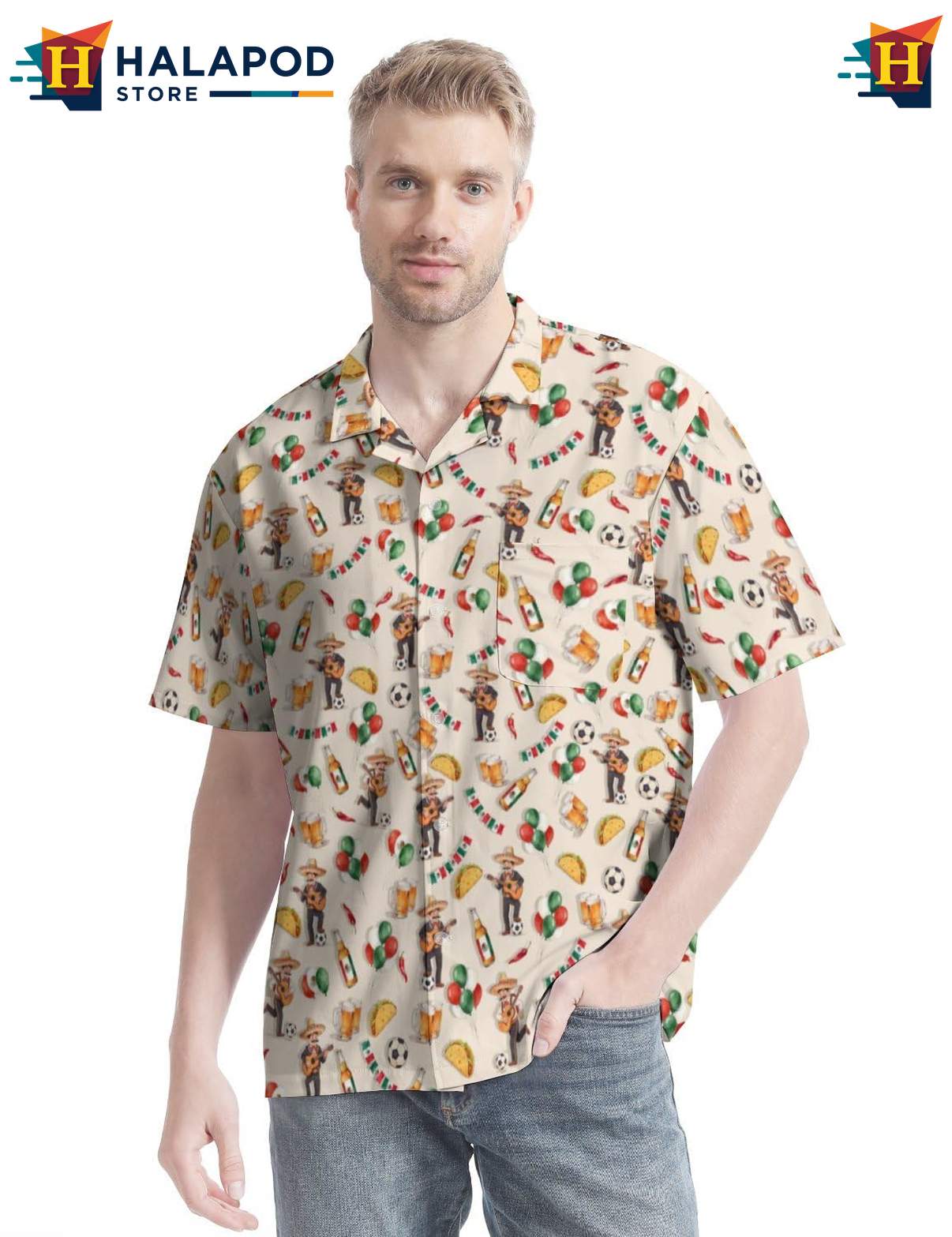 Playful Chihuahua Short-sleeve button-up shirt, Tropical Button Up With Tacos And Maracas