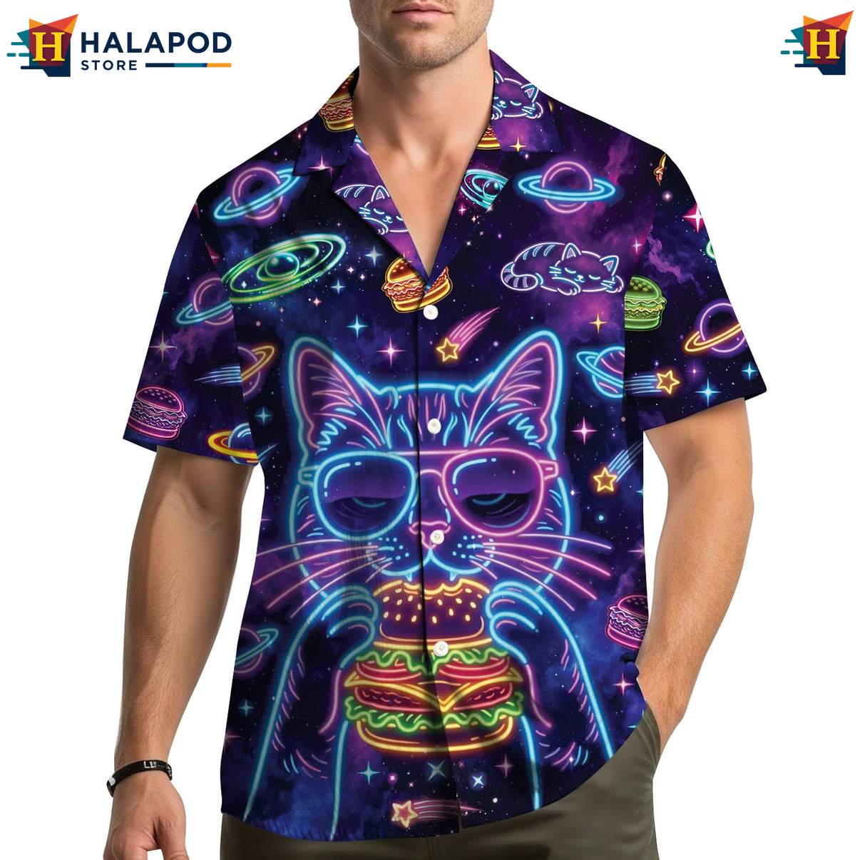 Playful Cosmic Cat Hawaiian Shirt, Cute Cat Summer Button Down For Men