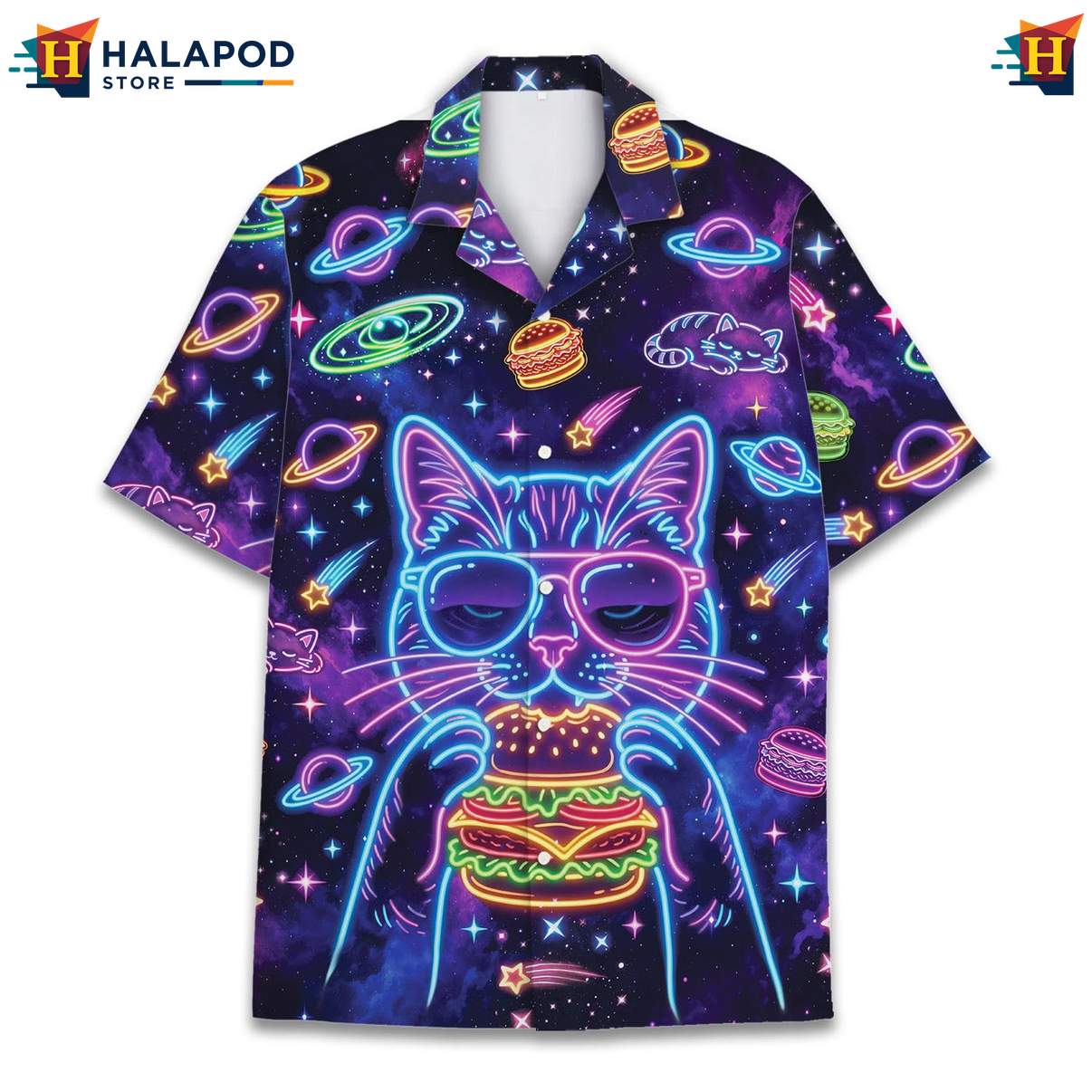 Playful Cosmic Cat Aloha Shirt, Cute Cat Summer Button Down For Men