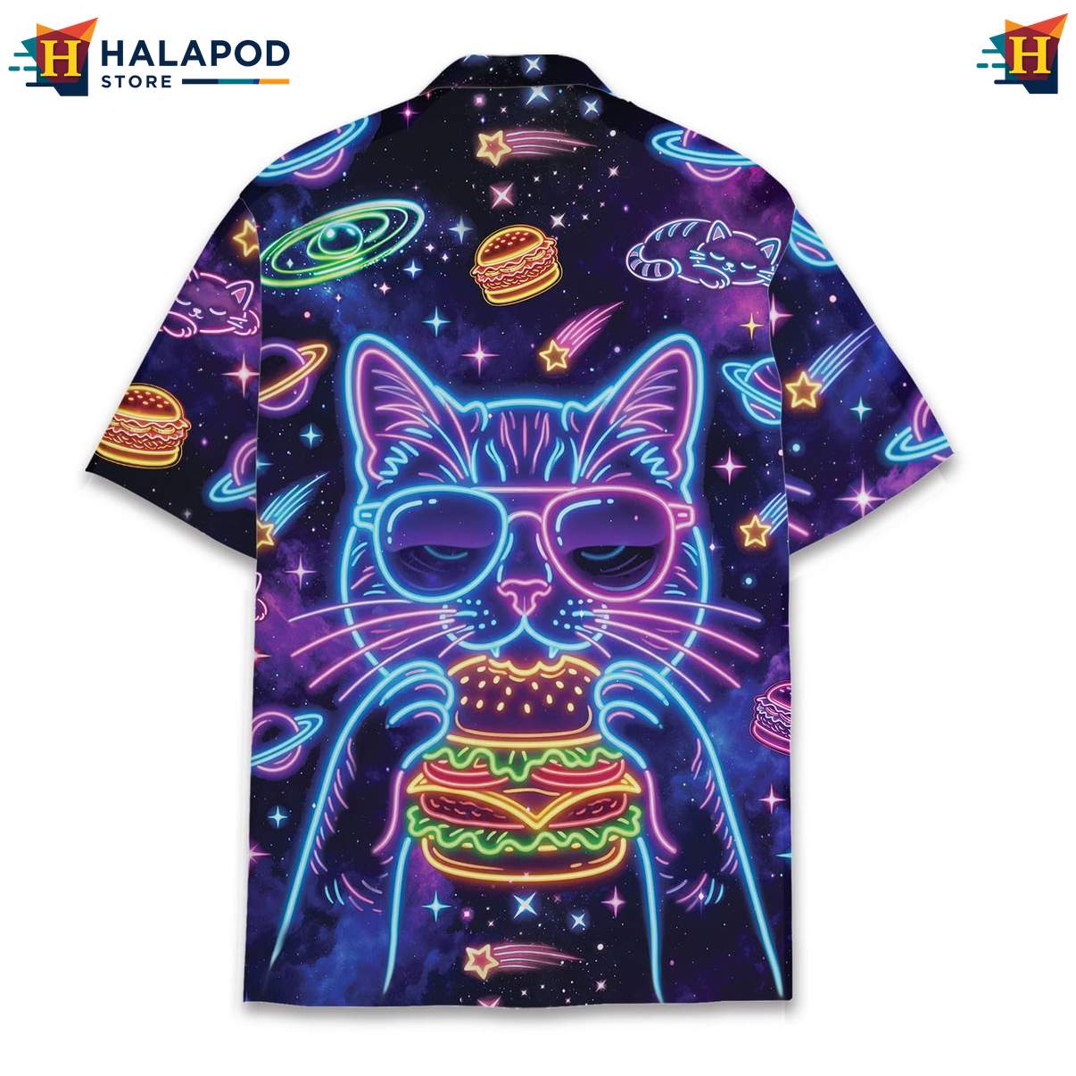 Playful Cosmic Cat Short-sleeve button-up shirt, Cute Cat Summer Button Down For Men