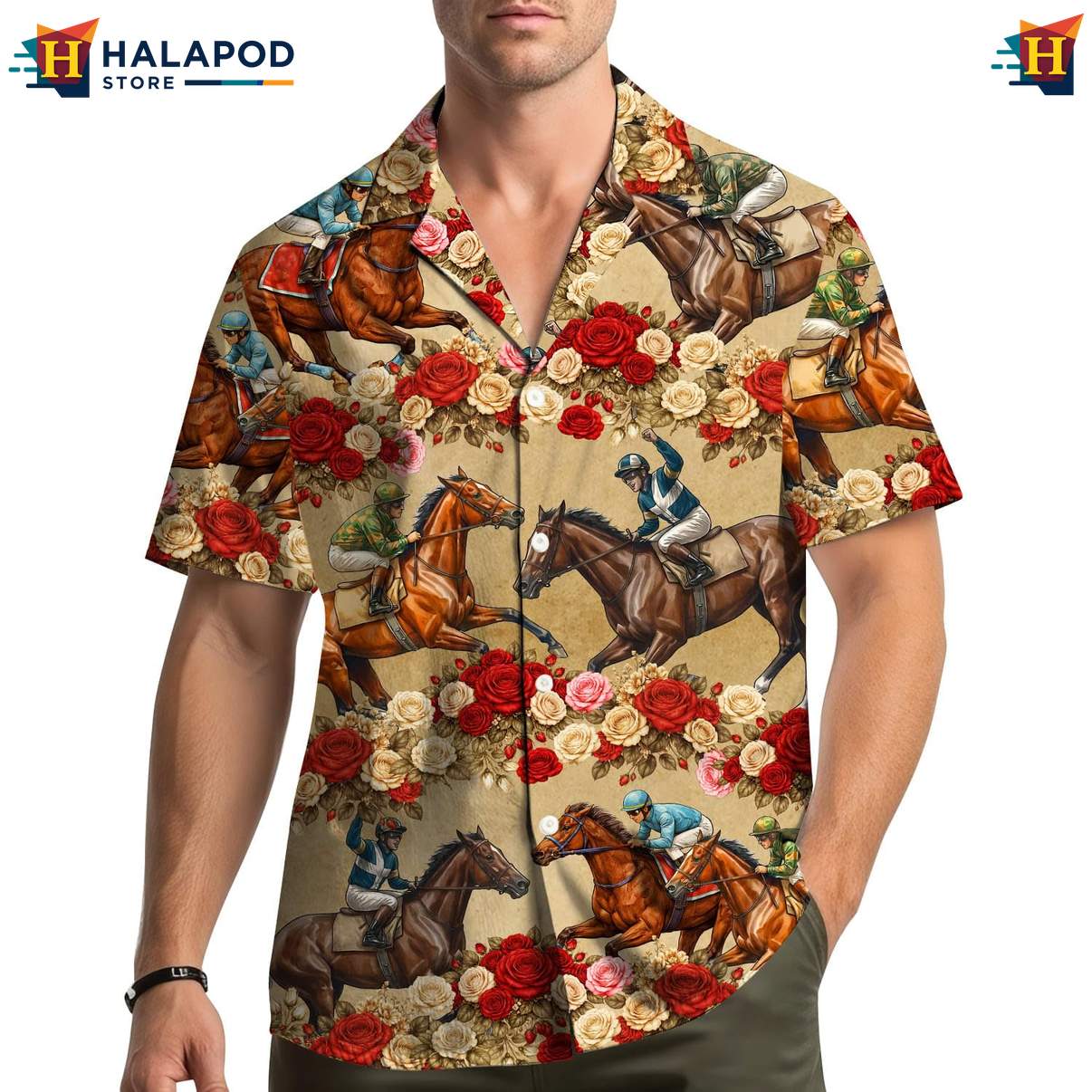 Playful Horse Hawaiian Shirt, Tan With Vibrant Roses, Summer Beach Button Down