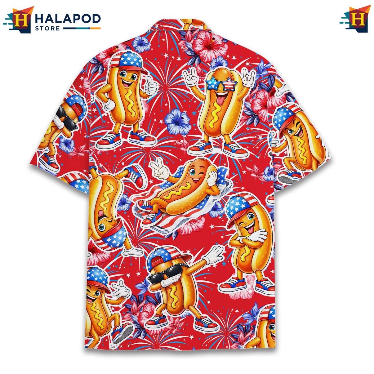 Playful Hot Dog Aloha TShirt, Vibrant Red Summer Shirt With Cartoon Hot Dogs