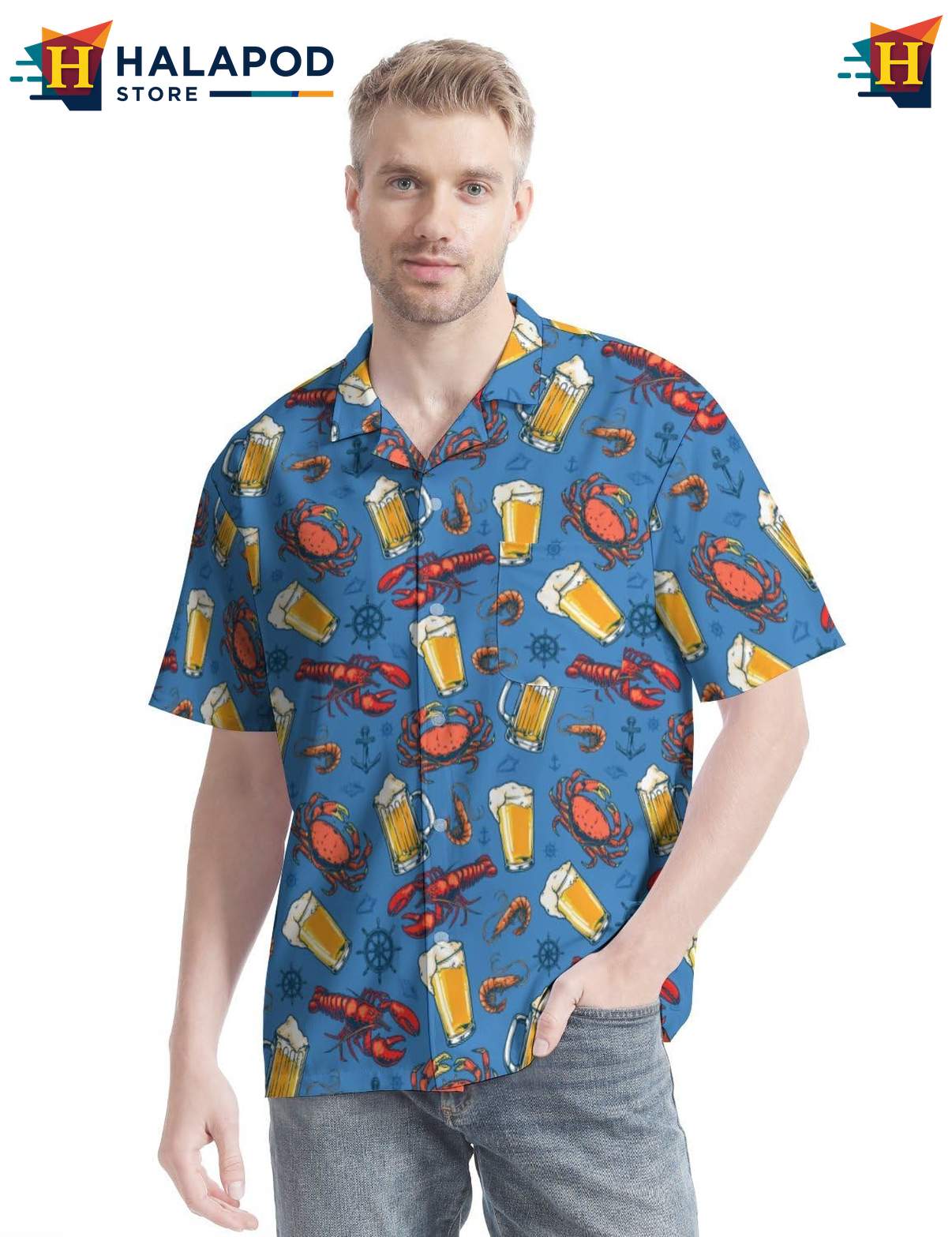 Playful Lobster Short-sleeve button-up shirt, Vibrant Blue With Crabs And Beer Mugs