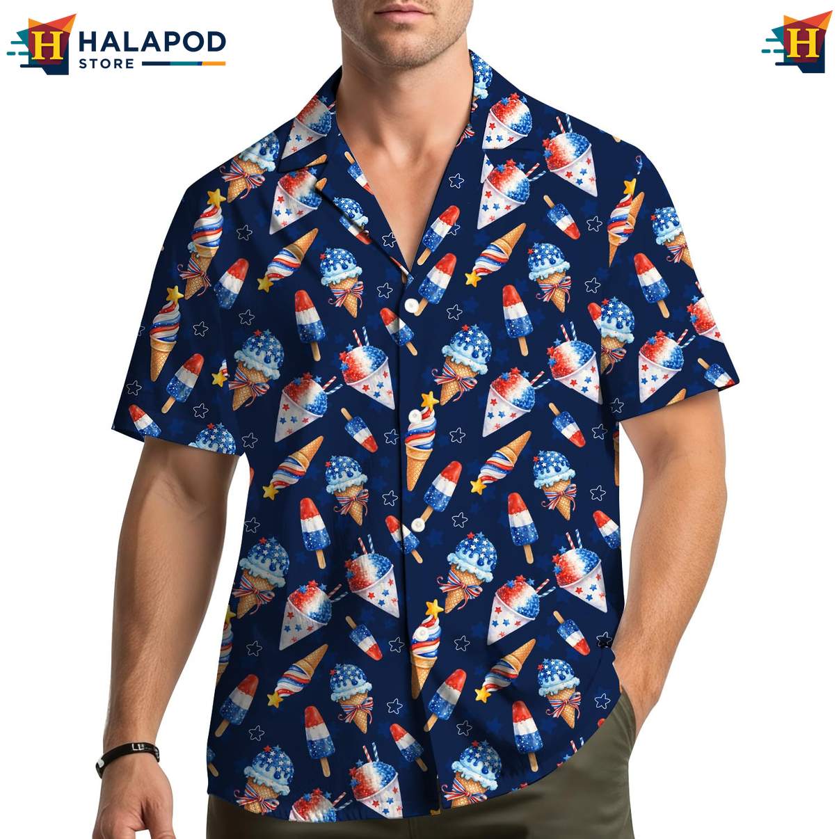 Playful Patriotic Aloha Shirt, Navy Blue 4th Of July Button Down Shirt For Men