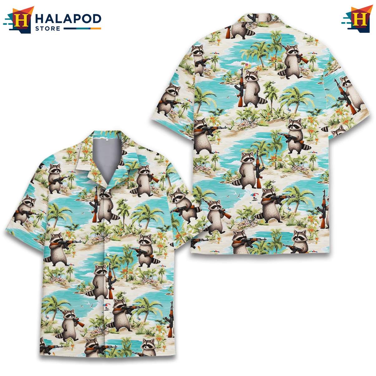 Playful Raccoon Short-sleeve button-up shirt, Light Blue Tropical Summer Button Down For Men