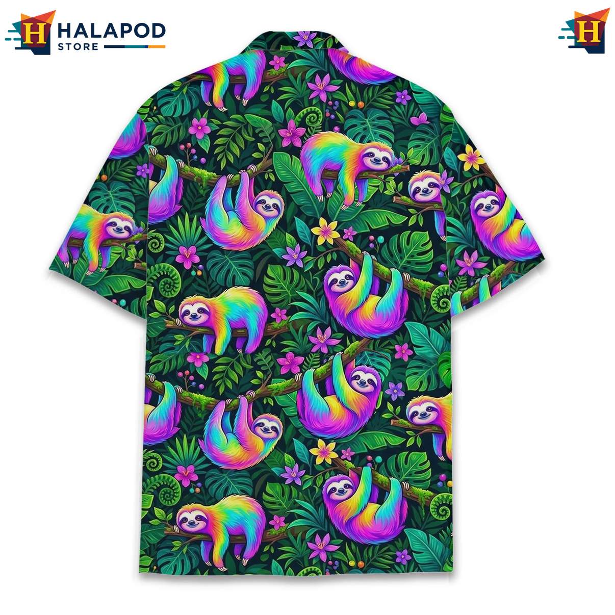 Playful Sloth Short-sleeve button-up shirt, Multicolor Tropical Design For Summer Beach Fun
