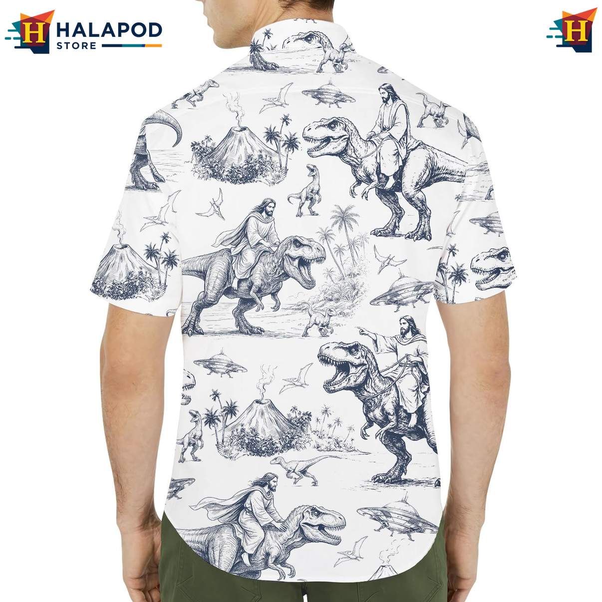 Playful T Rex Aloha Tee Shirt, Cartoon Dinosaur Print Beach Shirt For Men