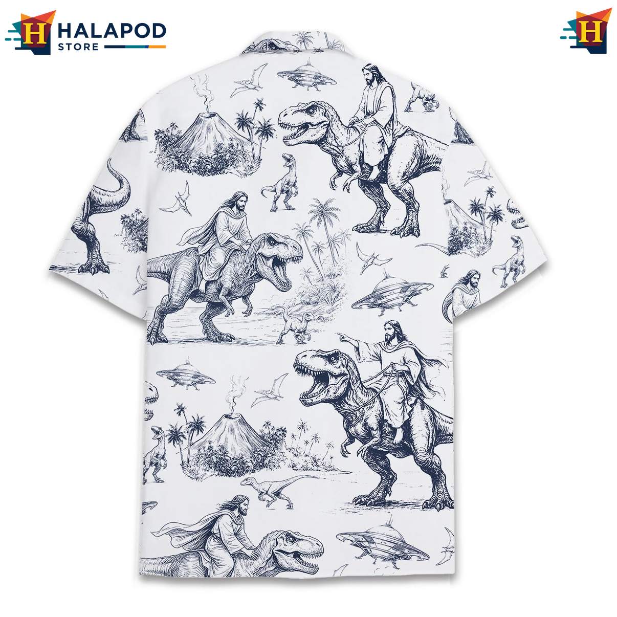 Playful T Rex Aloha Tee, Cartoon Dinosaur Print Beach Shirt For Men