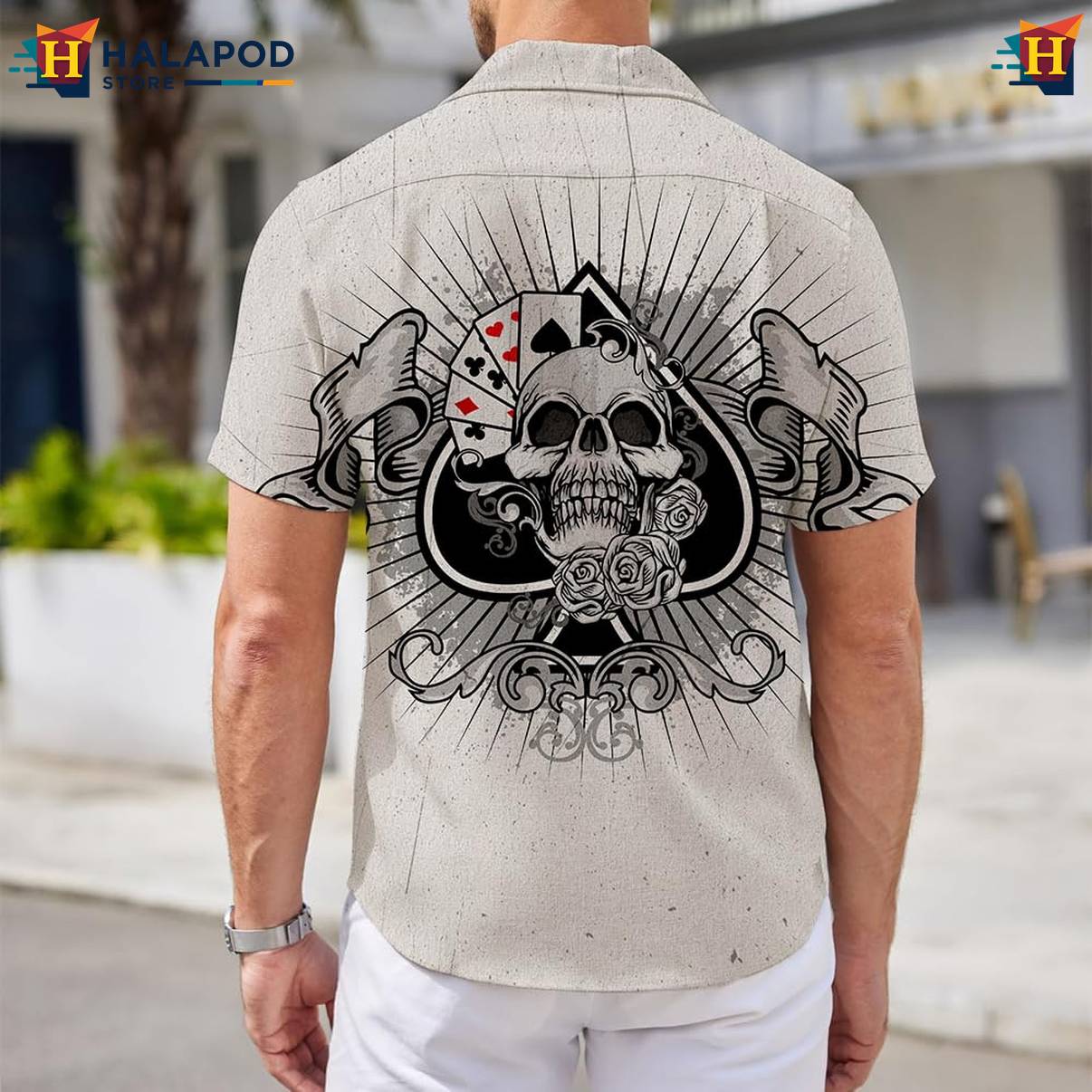 Poker Hearts Skull Aloha Shirt Mens Short Sleeve Floral Button Down