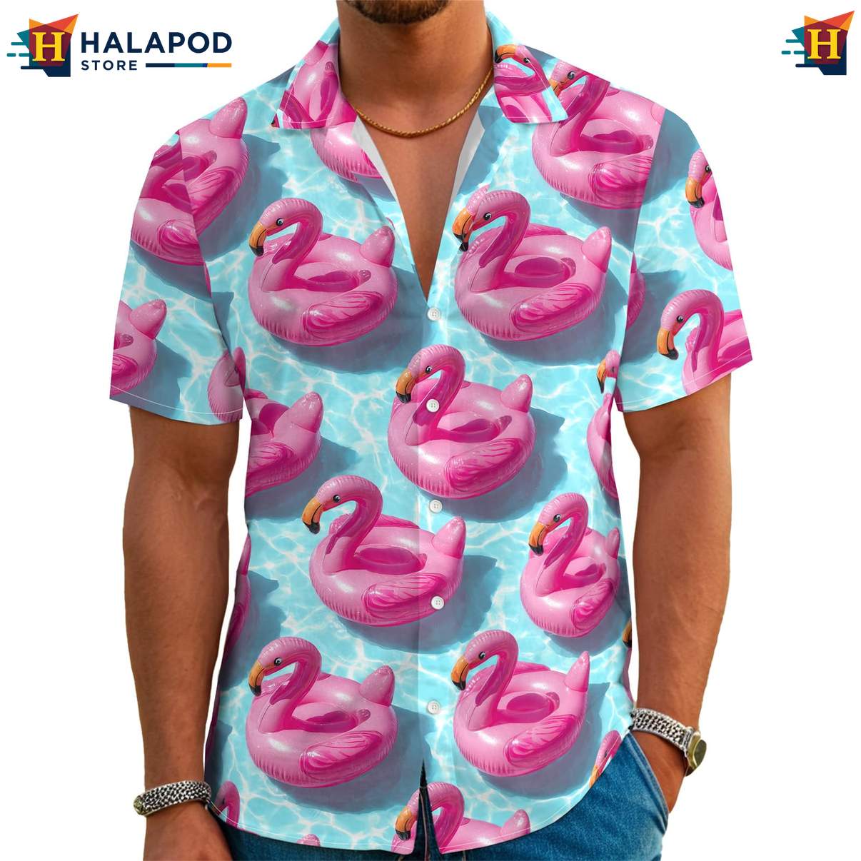 Pool Flamingo Mens Funny Hawaiian Shirt Retro Graphic Aloha Summer Apparel