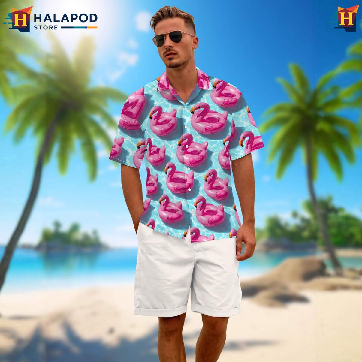 Pool Flamingo Mens Funny Short-sleeve button-up shirt Retro Graphic Aloha Summer Apparel