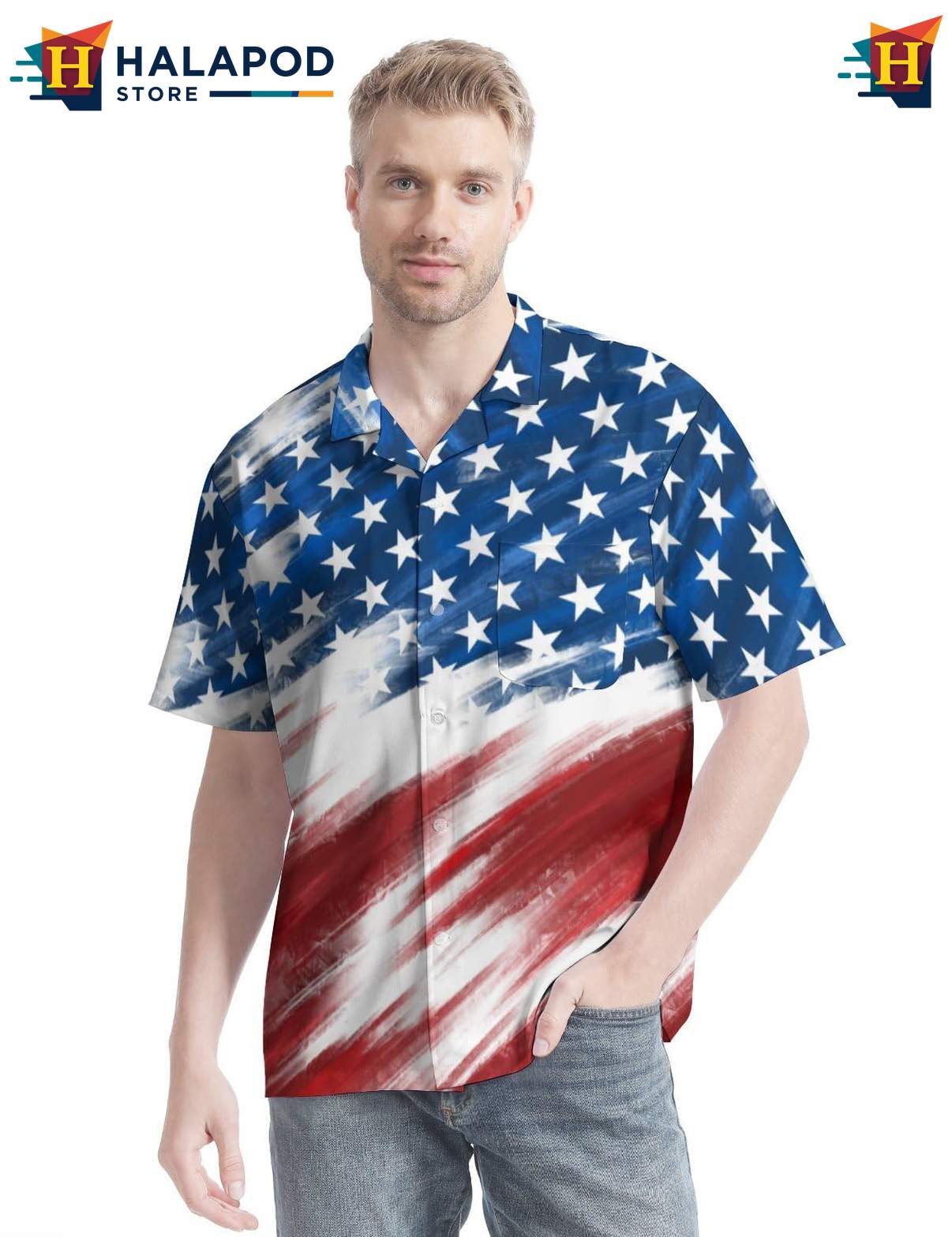 Proud Eagle Aloha Tee Shirt, Patriotic Short Sleeve Button Up Shirt With Vibrant Colors