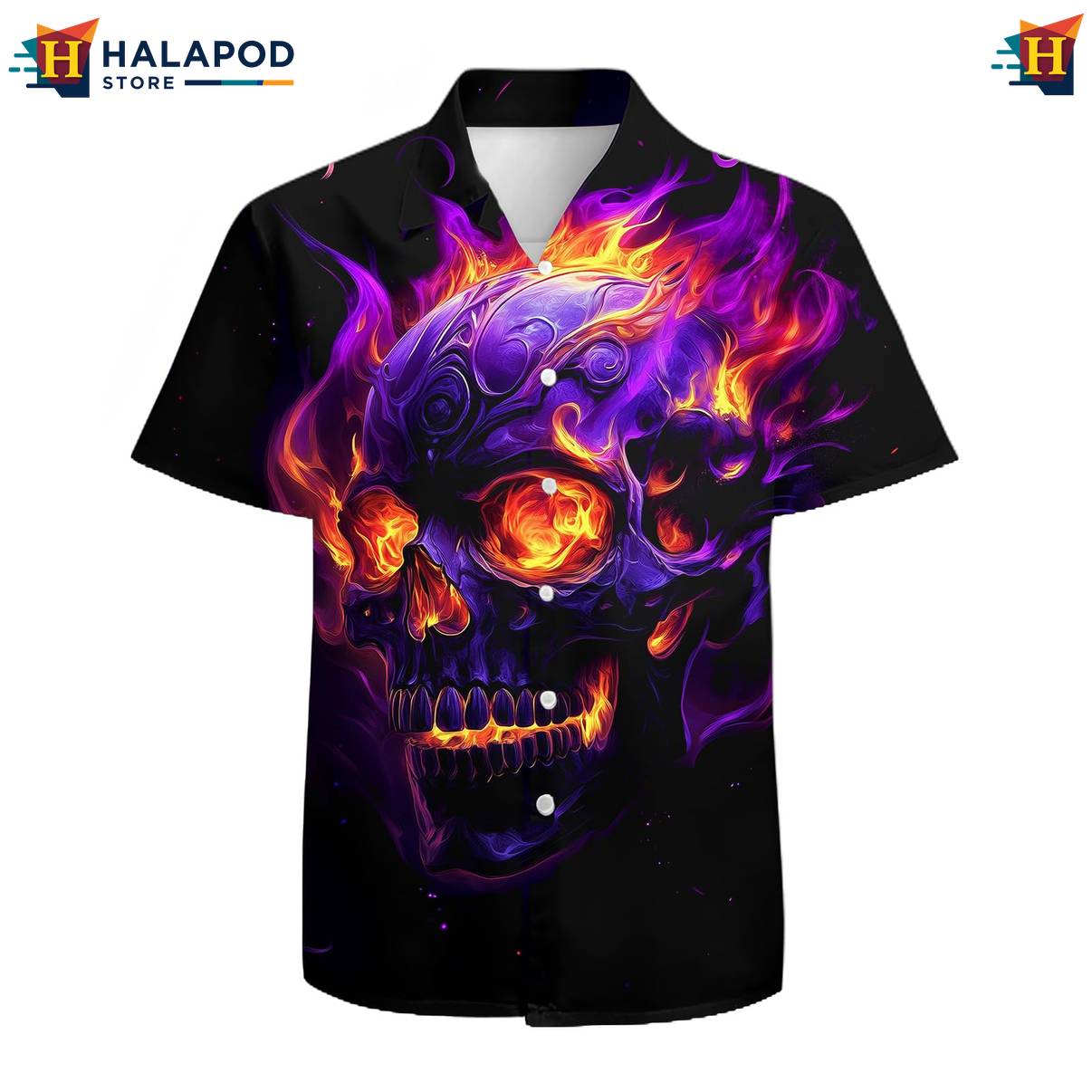 Purple Fire Skull Hawaiian Shirt Mens Short Sleeve Floral Button Down Mens