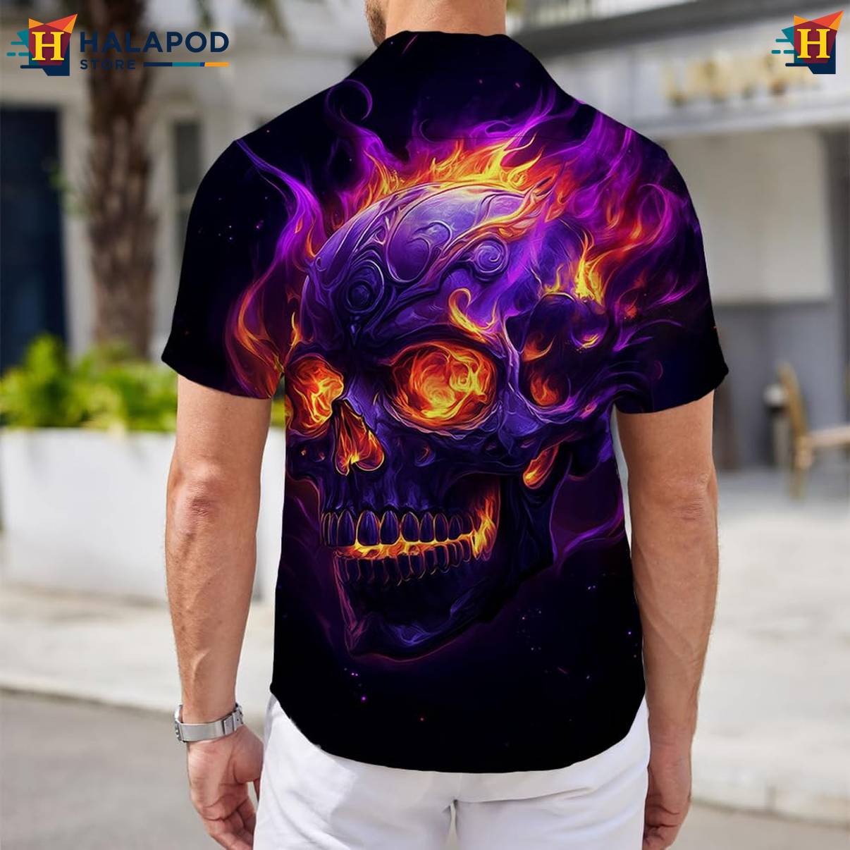 Purple Fire Skull Aloha Shirt Mens Short Sleeve Floral Button Down Mens