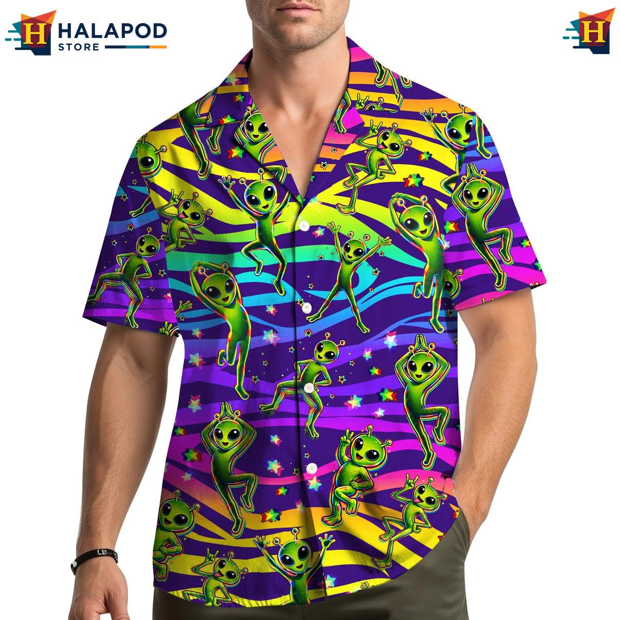 Quirky Alien Aloha Shirt, Multicolor Summer Button Down For Fun Beach Vibes