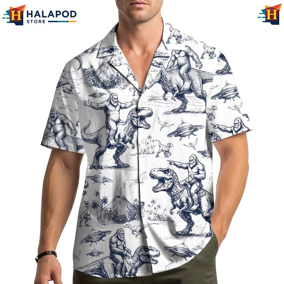 Quirky Bigfoot T Rex Hawaiian Shirt, Playful Summer Button Down For Beach Lovers