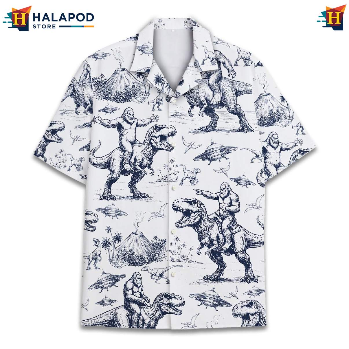 Quirky Bigfoot T Rex Tropical Shirt, Playful Summer Button Down For Beach Lovers