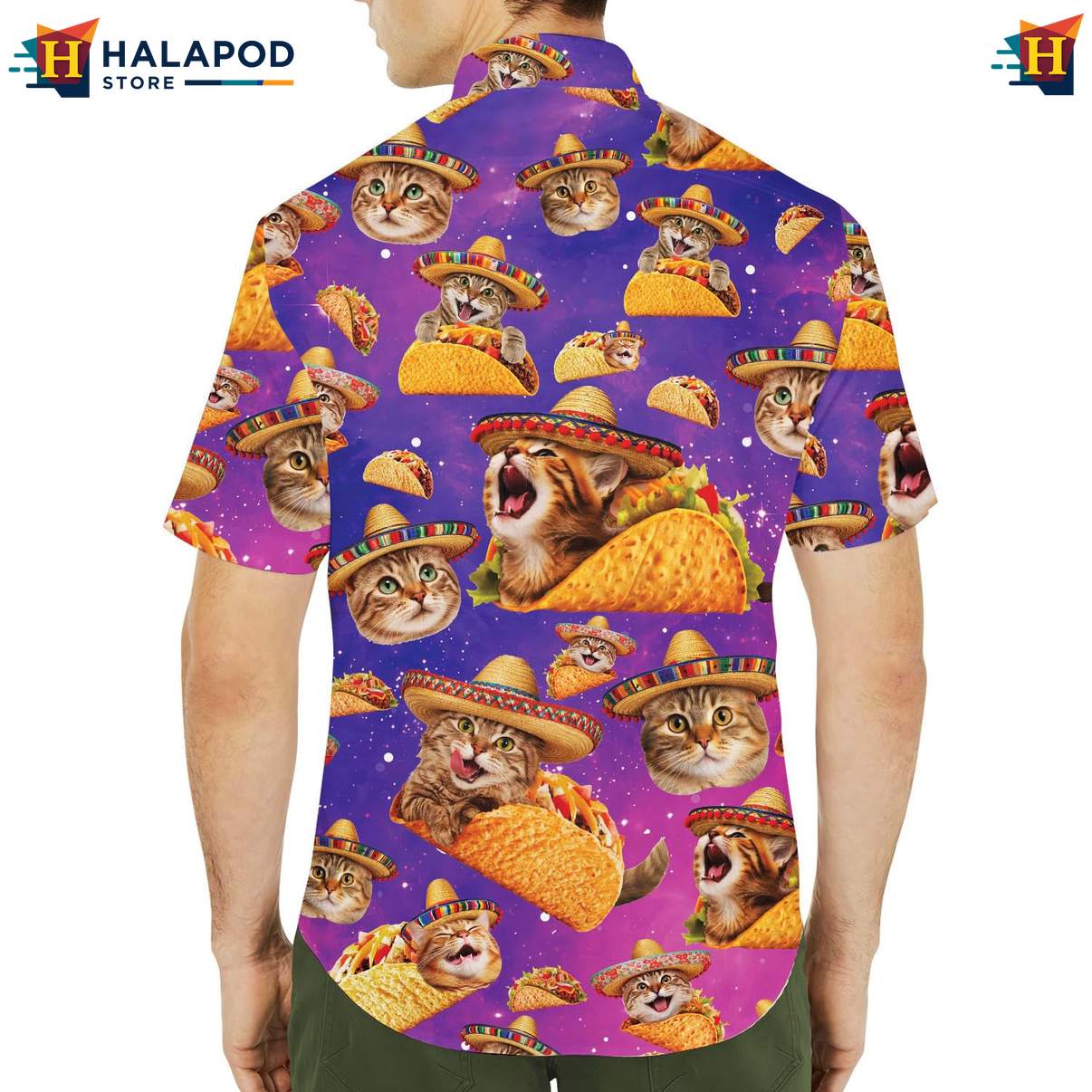 Quirky Cat Aloha Tee Shirt, Purple Button Down With Playful Cats And Tacos