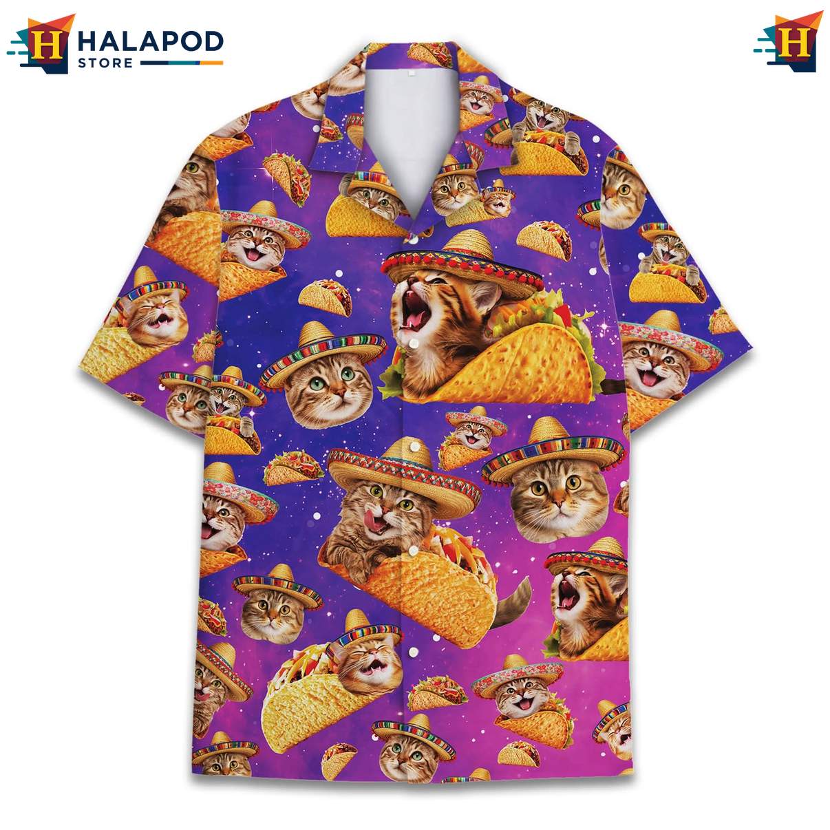 Quirky Cat Aloha TShirt, Purple Button Down With Playful Cats And Tacos