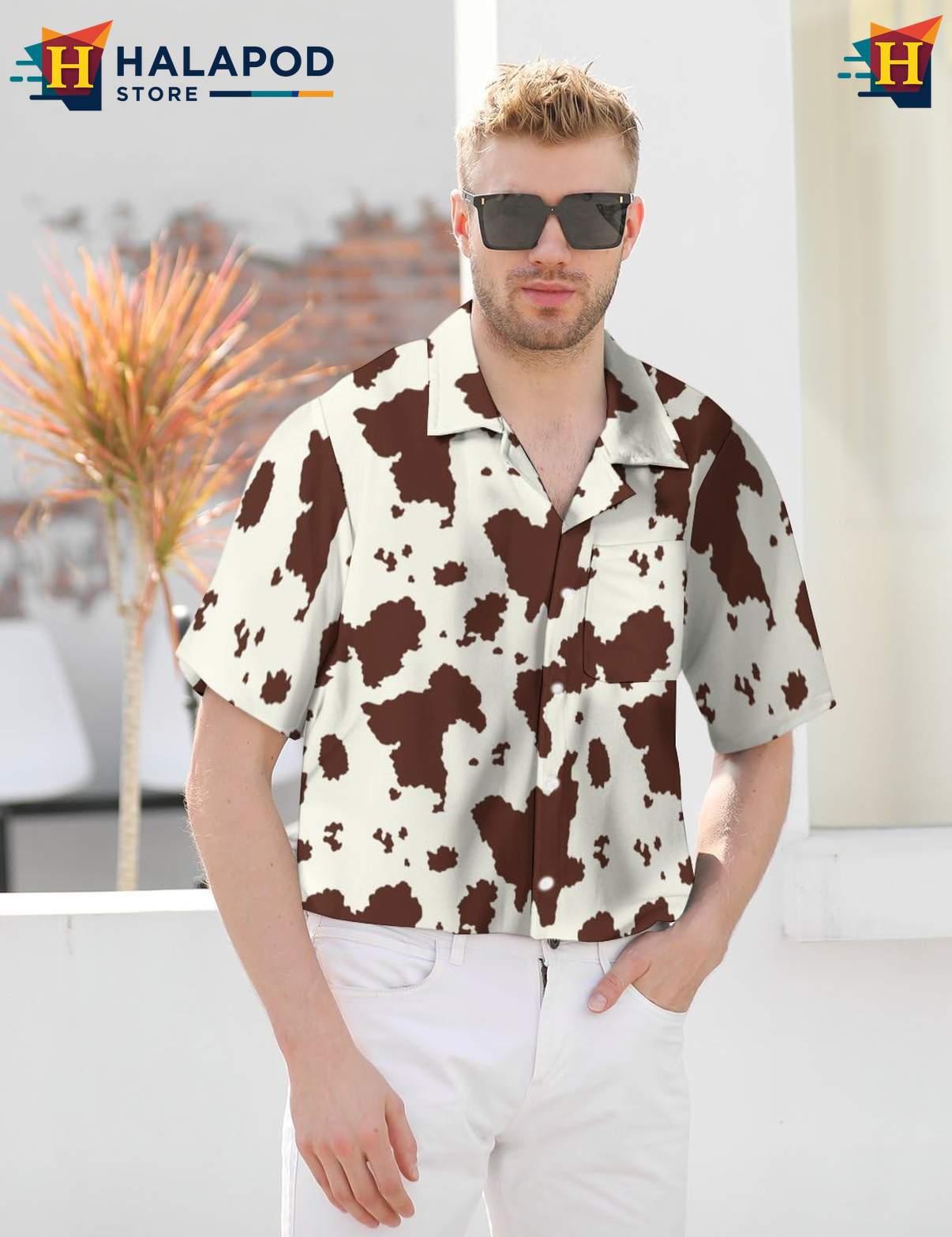 Quirky Cow Aloha TShirt, Fun Button Up Tropical Shirt With Playful Cow Print